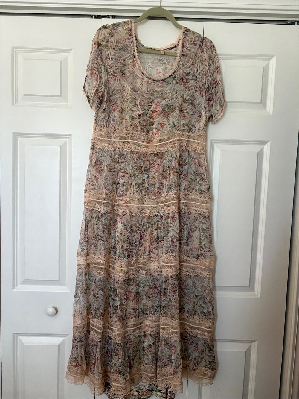 Soft Surroundings Blush Floral Lace-Trim Tiered Maxi Dress